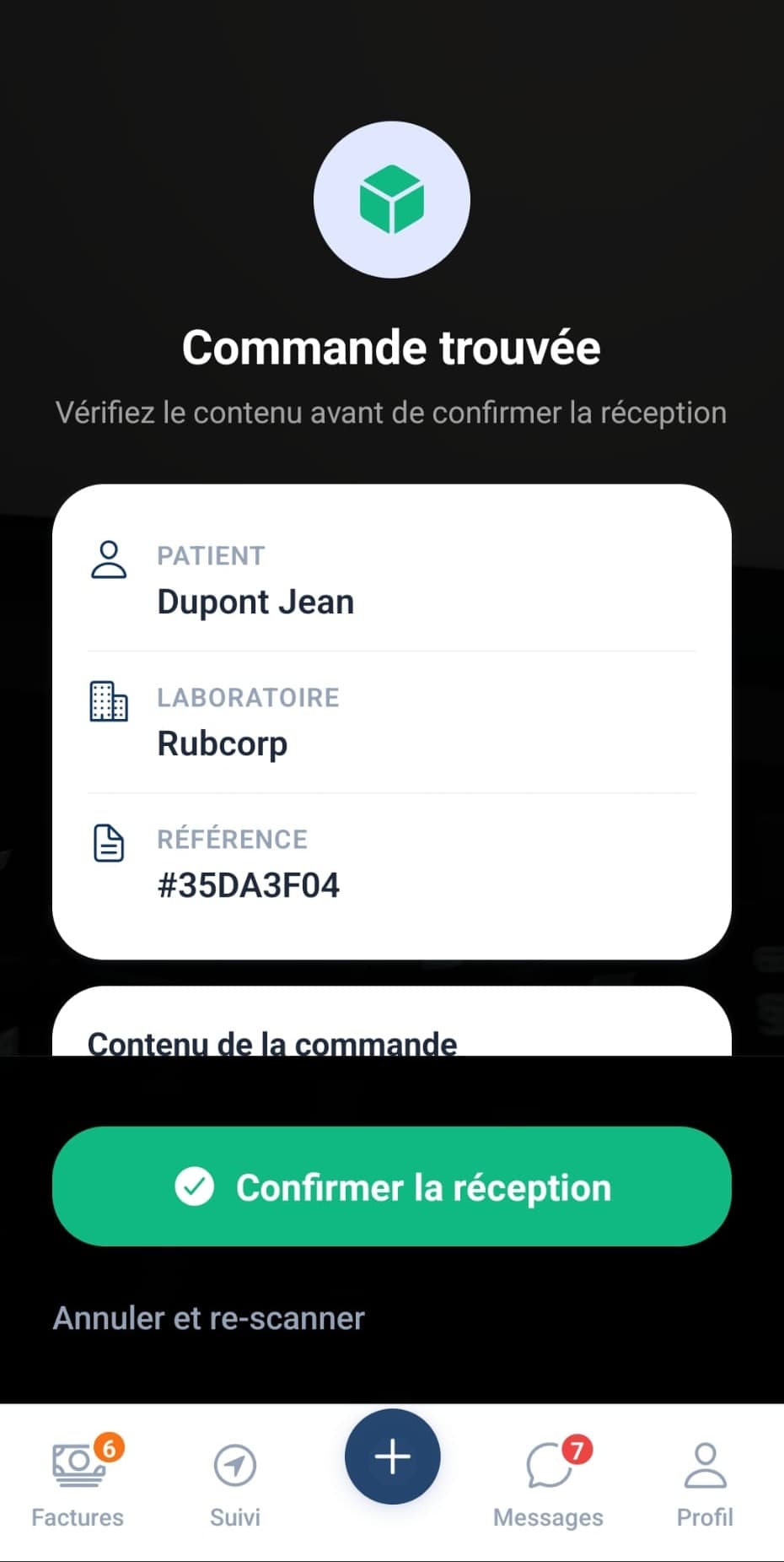 Scan du QR code de la prothèse pour confirmer la réception