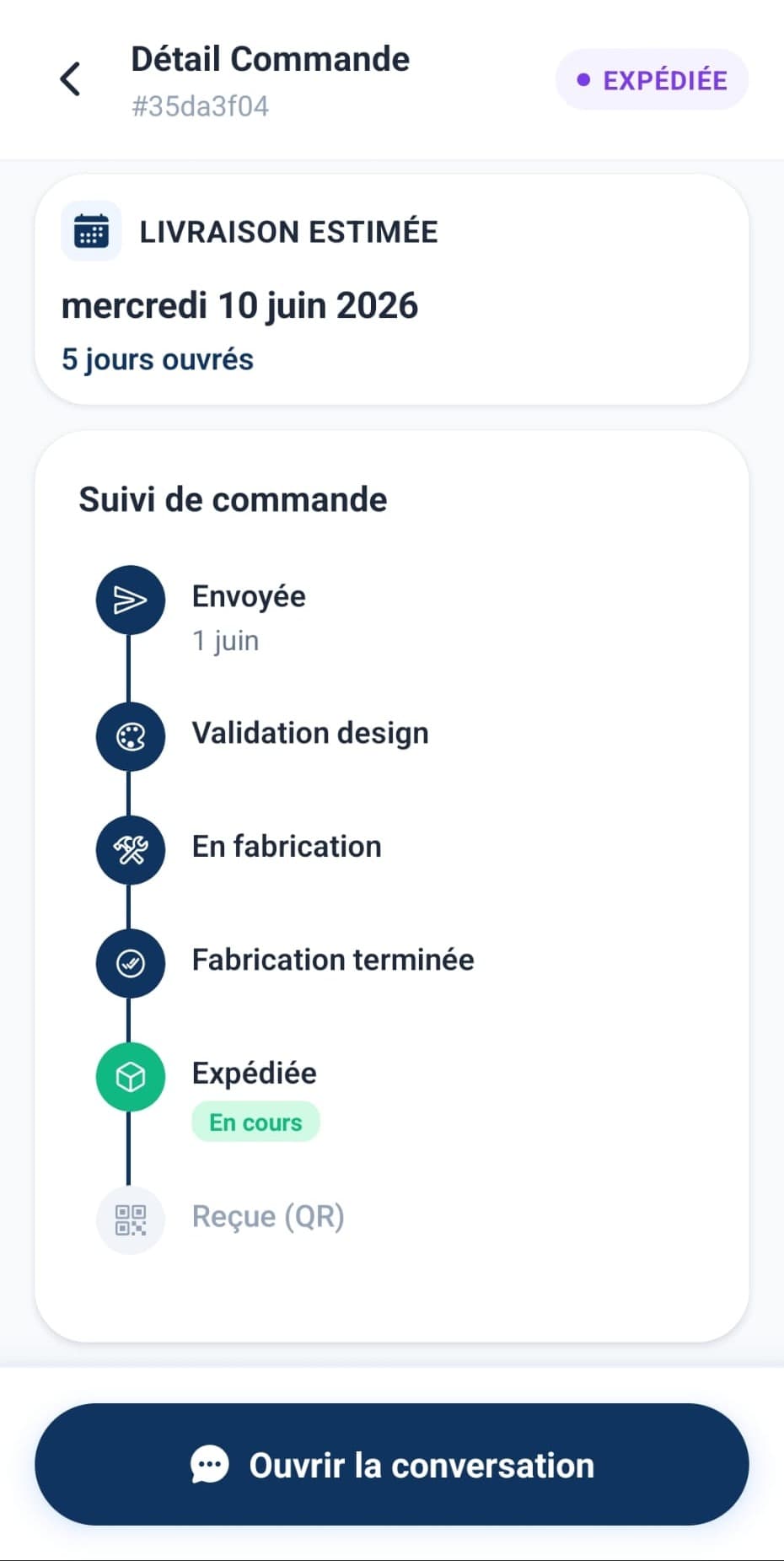 Timeline de suivi d’une commande, de l’envoi à la réception