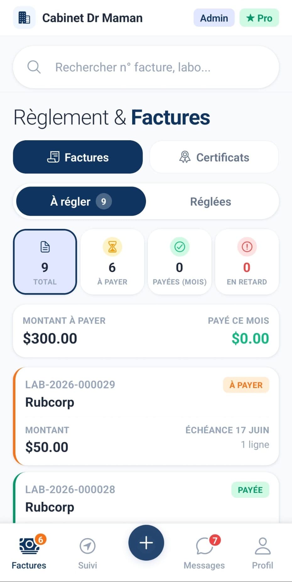 Page factures : montants à payer, réglées et en retard