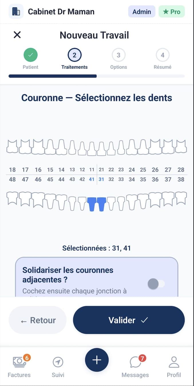 Schéma dentaire interactif : sélection des dents pour une couronne